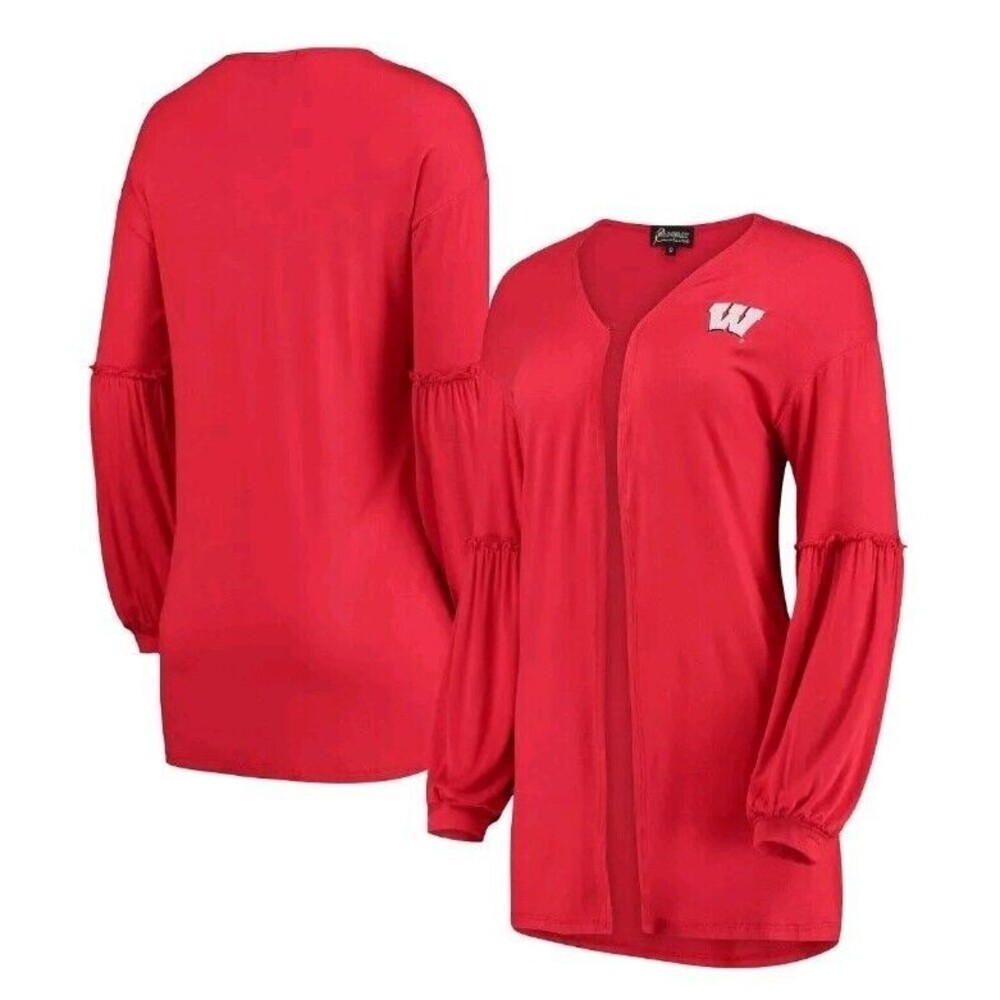New Womens Red Wisconsin Badgers Bubble‎ Sleeve Cardigan Sweater Shirt MEDIUM